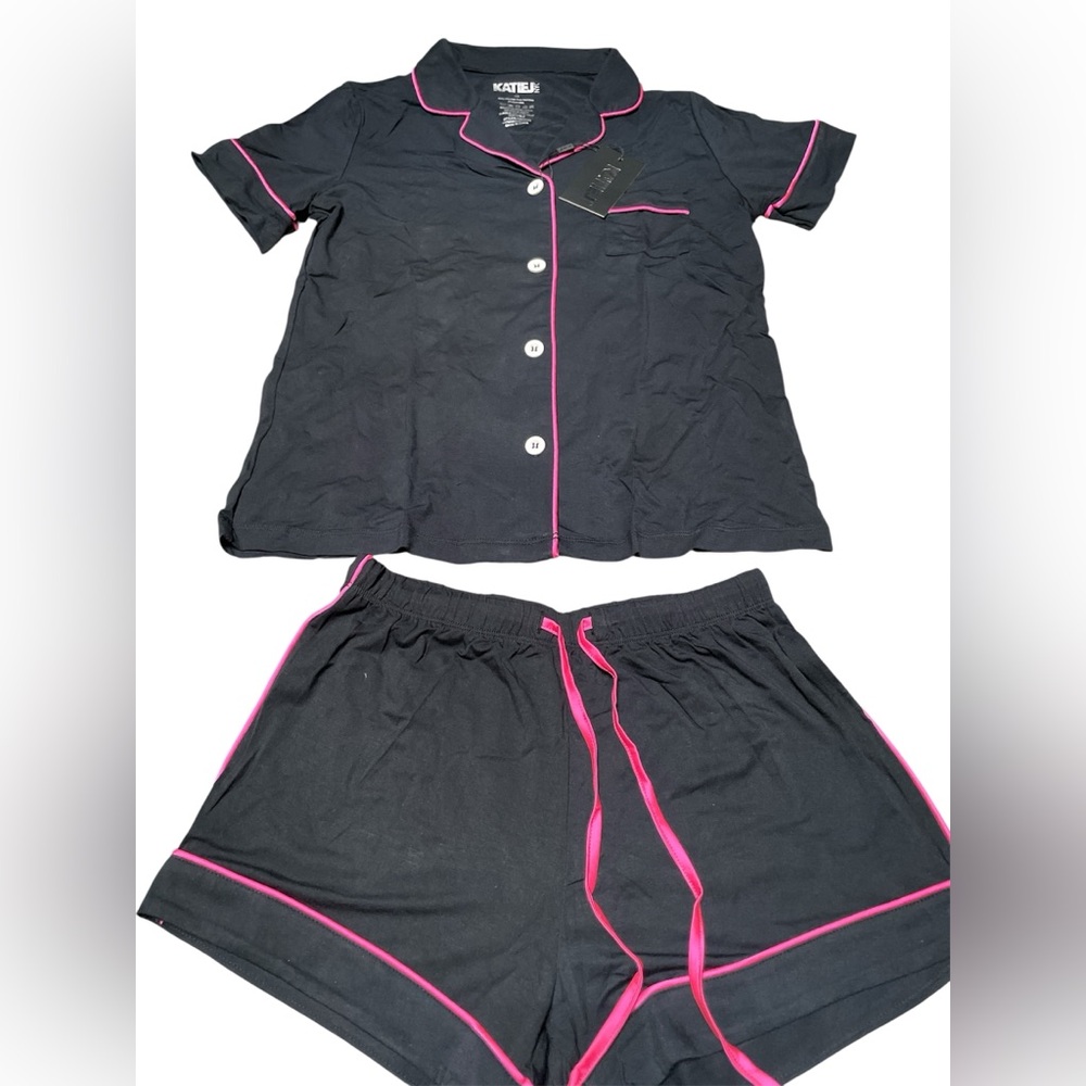 Katie J NYC Black Pajama Set with Pink Accents